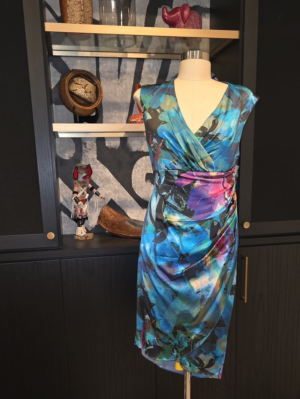 Suzi Chin for Maggy Boutique Blue & Teal Abstract Wrap Sheath Dress